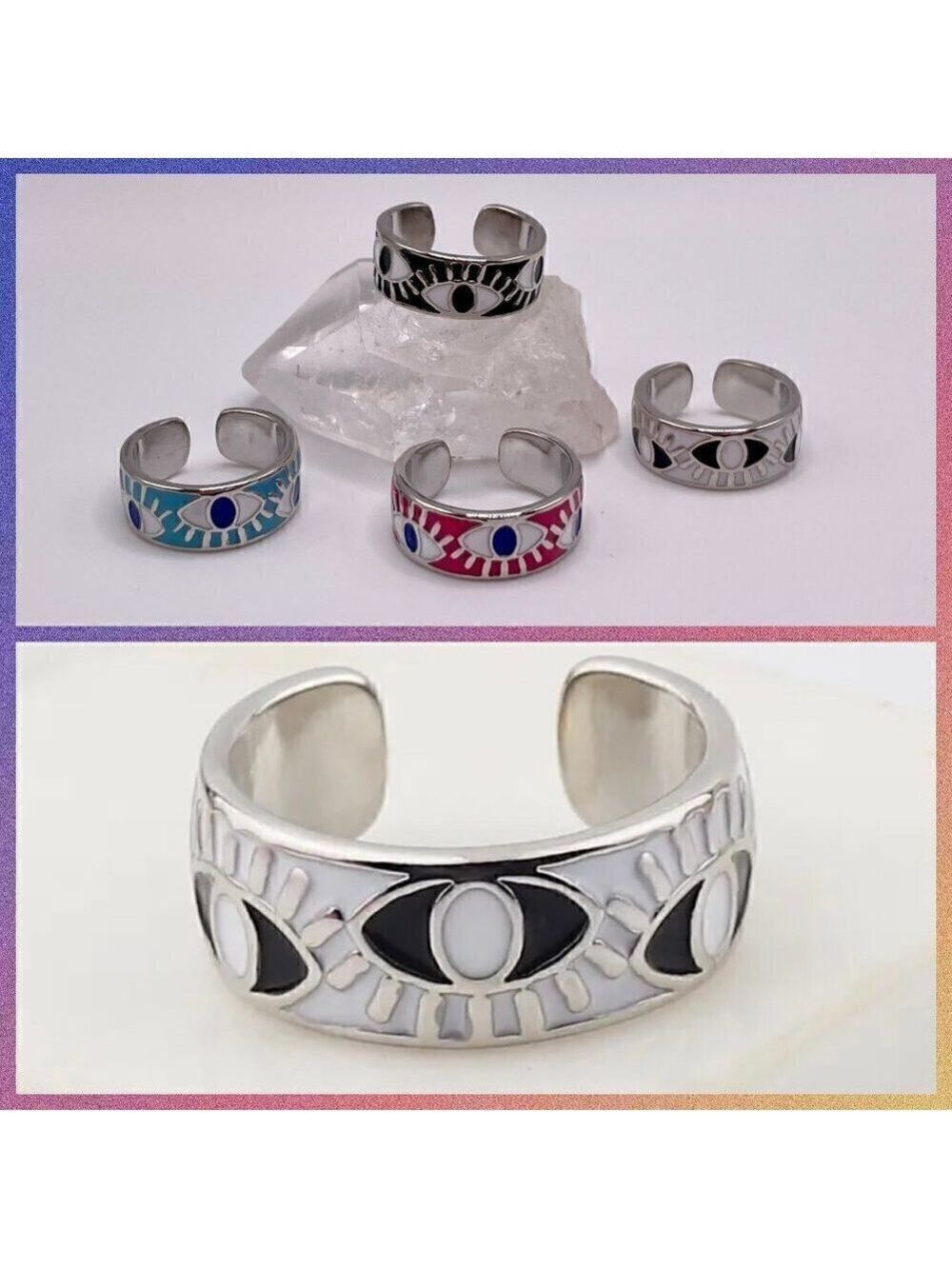 Boho Evil Eye Enamel Adjustable Ring #1306 WHITE